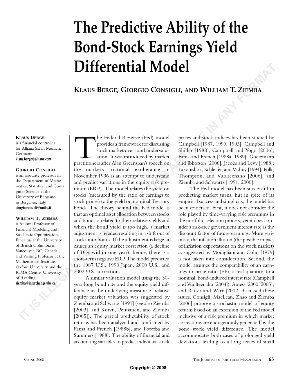 The Predictive Ability of the Bond-Stock Earnings Yield Differential Model