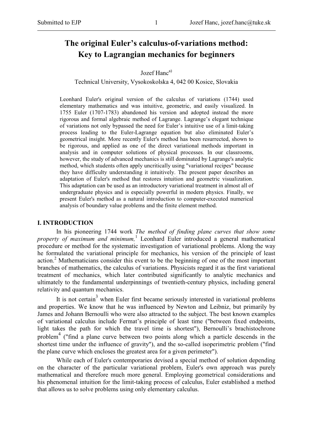 The Original Euler's Calculus-Of-Variations Method: Key