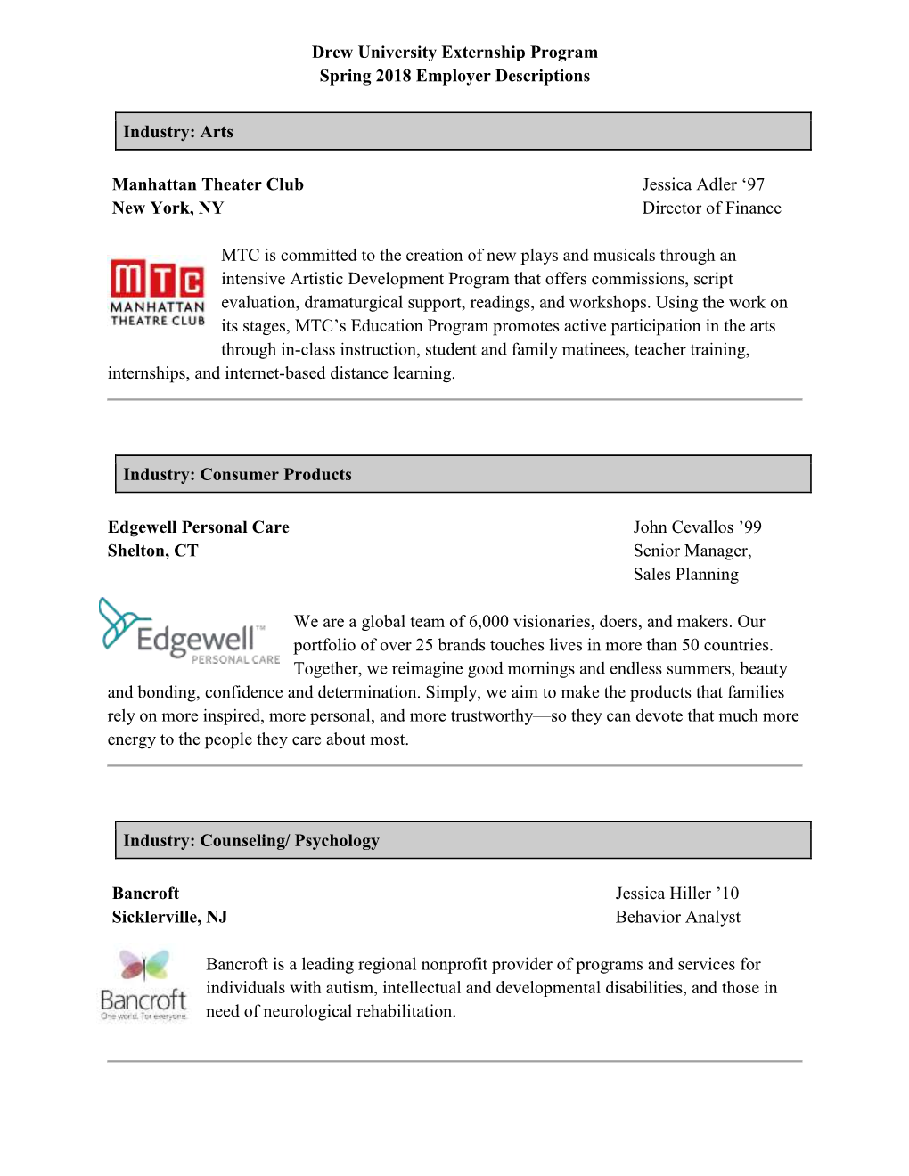 Drew University Externship Program Spring 2018 Employer Descriptions