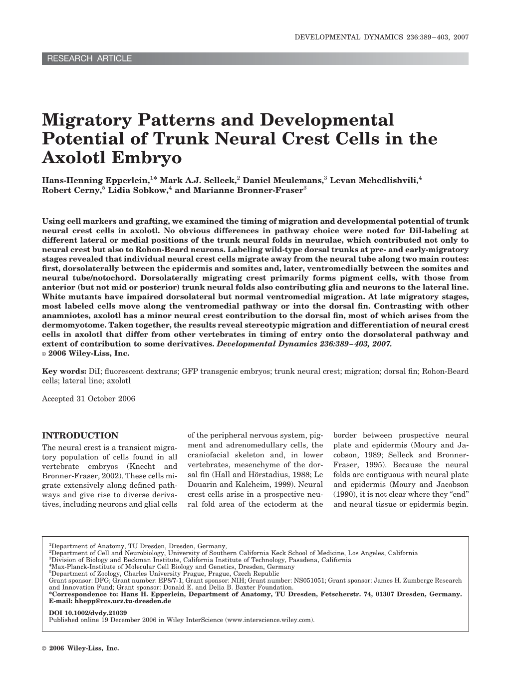 Migratory Patterns and Developmental Potential of Trunk Neural Crest Cells in the Axolotl Embryo