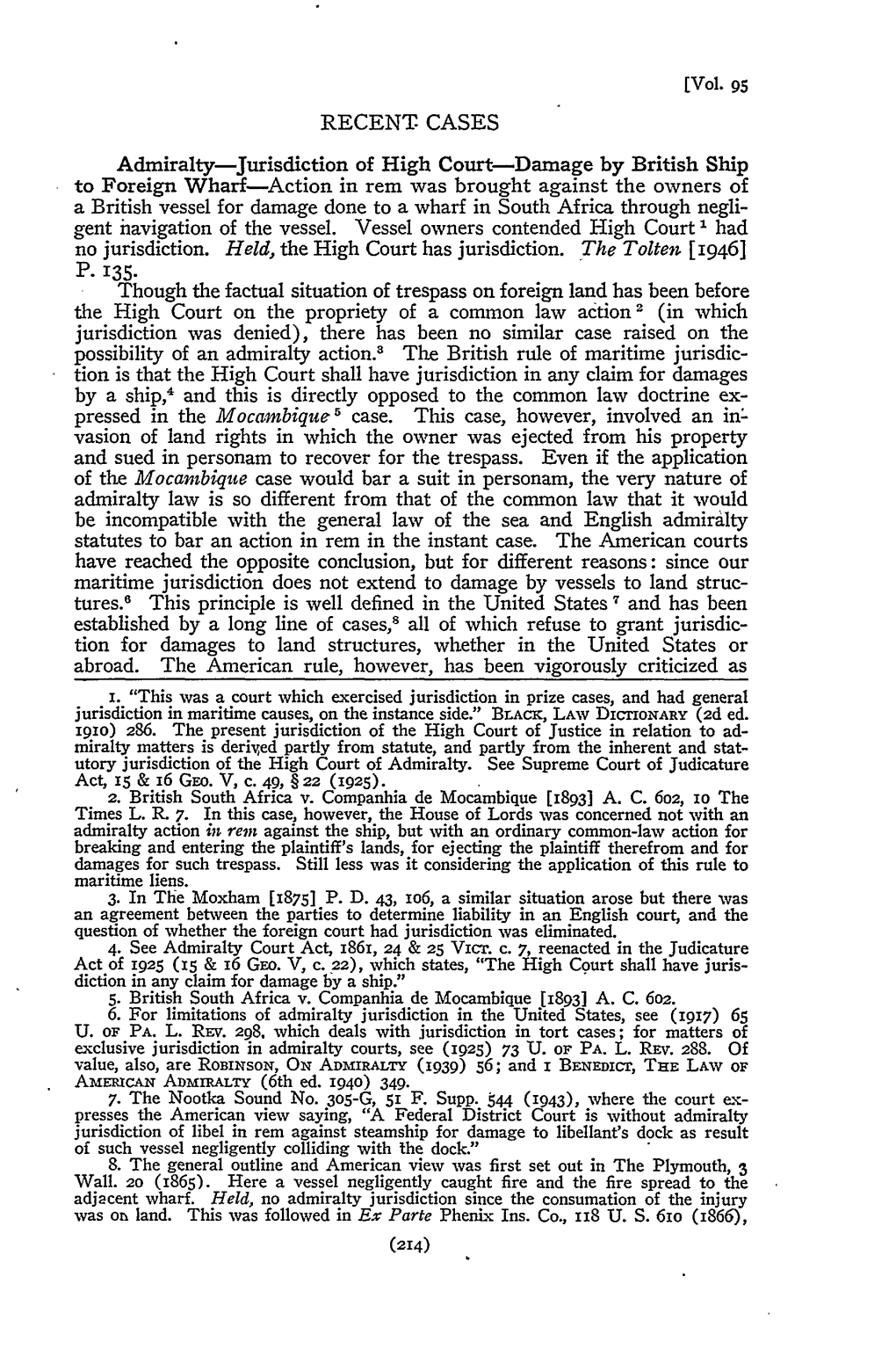 Admiralty Jurisdiction of High Court-Damage by British Ship To