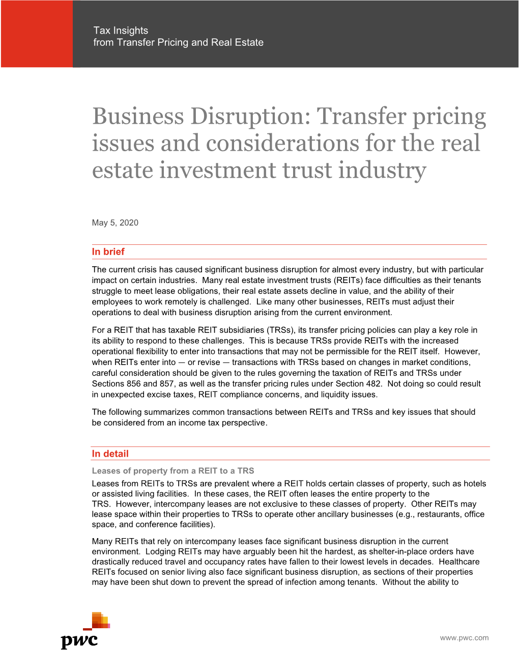 Business Disruption: Transfer Pricing Issues and Considerations for the Real Estate Investment Trust Industry