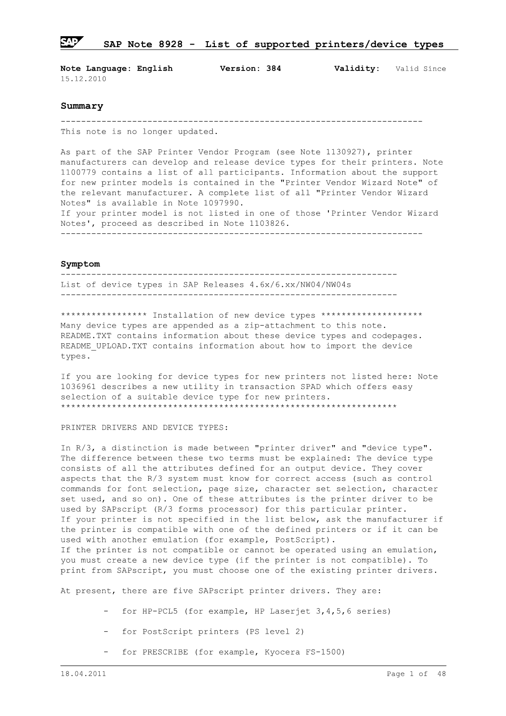 SAP Note 8928 - List of Supported Printers/Device Types