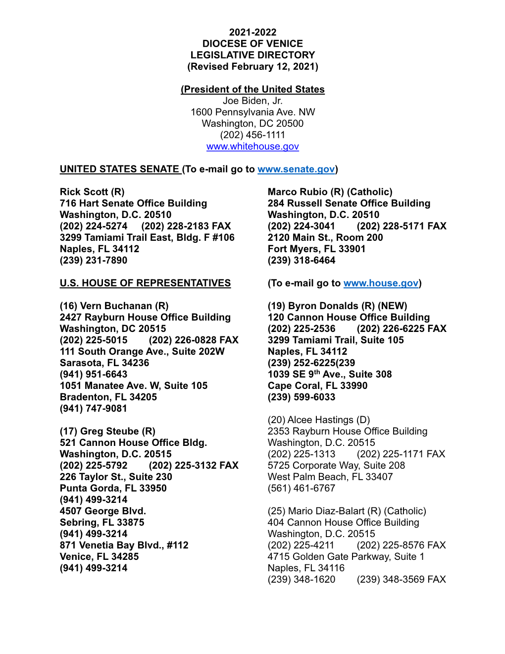 2021-2022 DIOCESE of VENICE LEGISLATIVE DIRECTORY (Revised February 12, 2021)