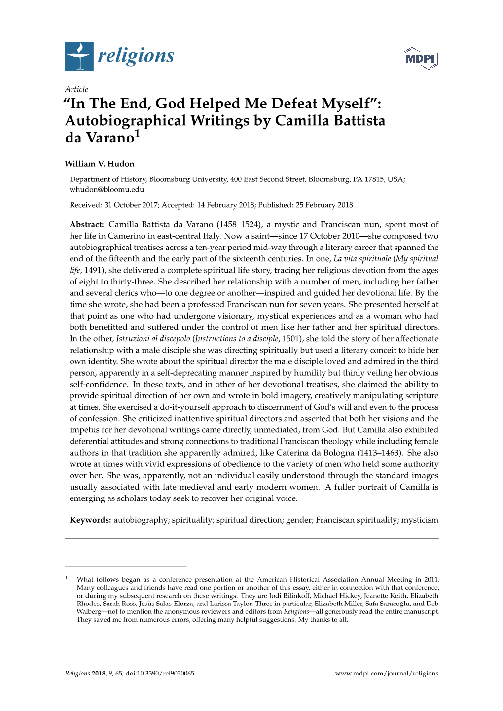 Autobiographical Writings by Camilla Battista Da Varano1