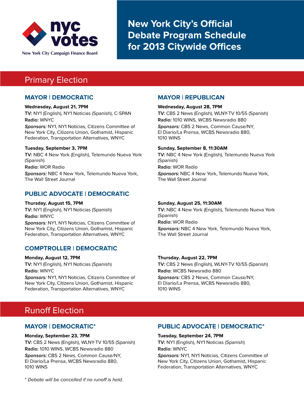 Debate Program Schedule for 2013 Citywide Offices