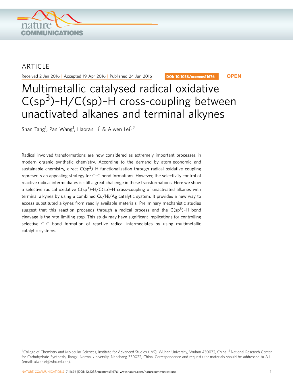 Multimetallic Catalysed Radical Oxidative C(Sp3)–H/C(Sp)–H Cross-Coupling Between Unactivated Alkanes and Terminal Alkynes