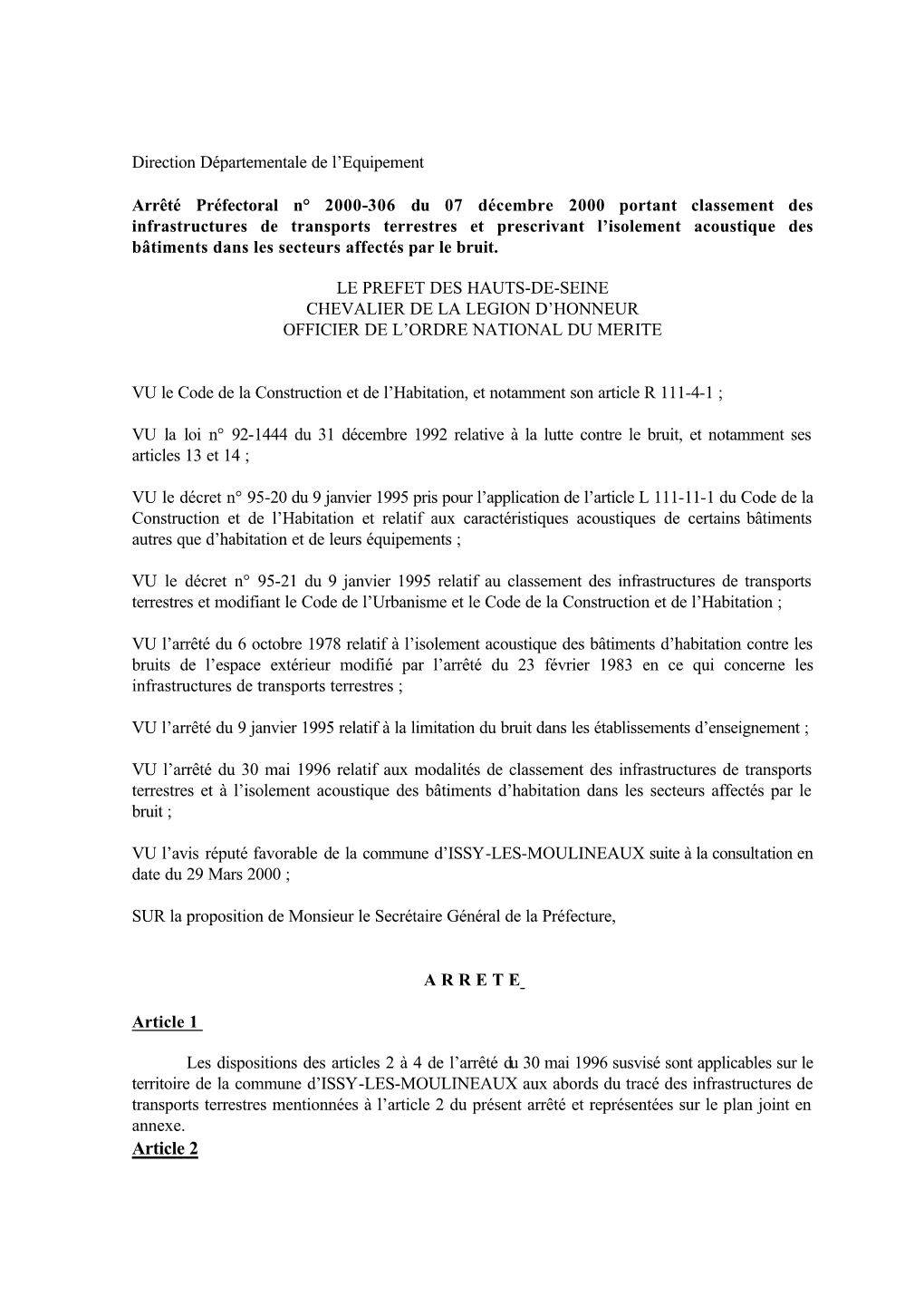 ISSY-LES-MOULINEAUX Suite À La Consultation En Date Du 29 Mars 2000 ;