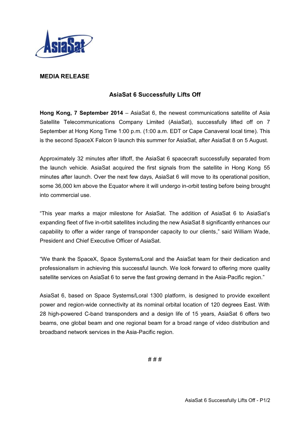 MEDIA RELEASE Asiasat 6 Successfully Lifts Off