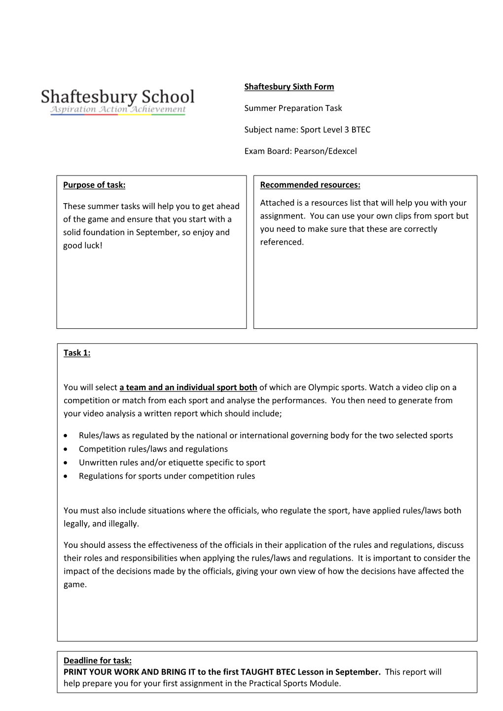 Sport Level 3 BTEC Exam Board: Pearson