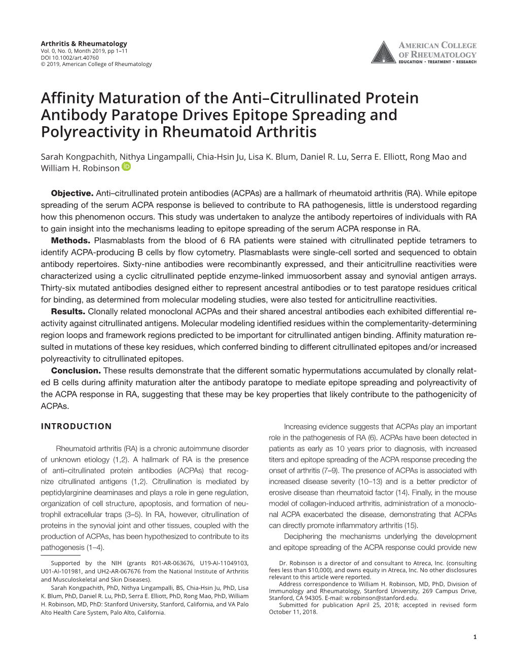 Citrullinated Protein Antibody Paratope Drives Epitope Spreading and Polyreactivity in Rheumatoid Arthritis