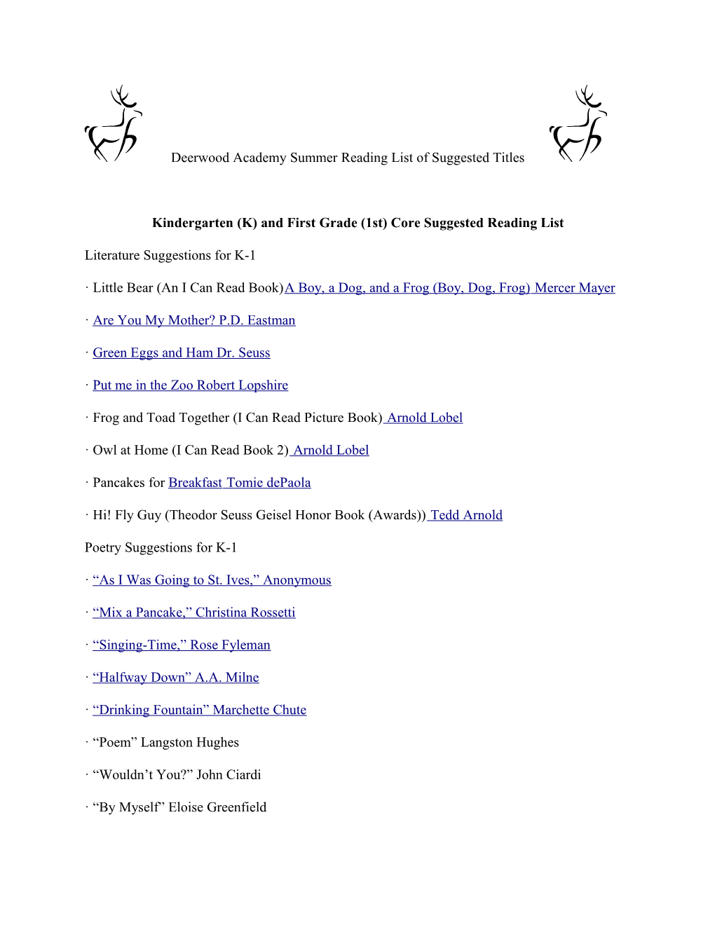 Deerwood Academy Summer Reading List of Suggested Titles