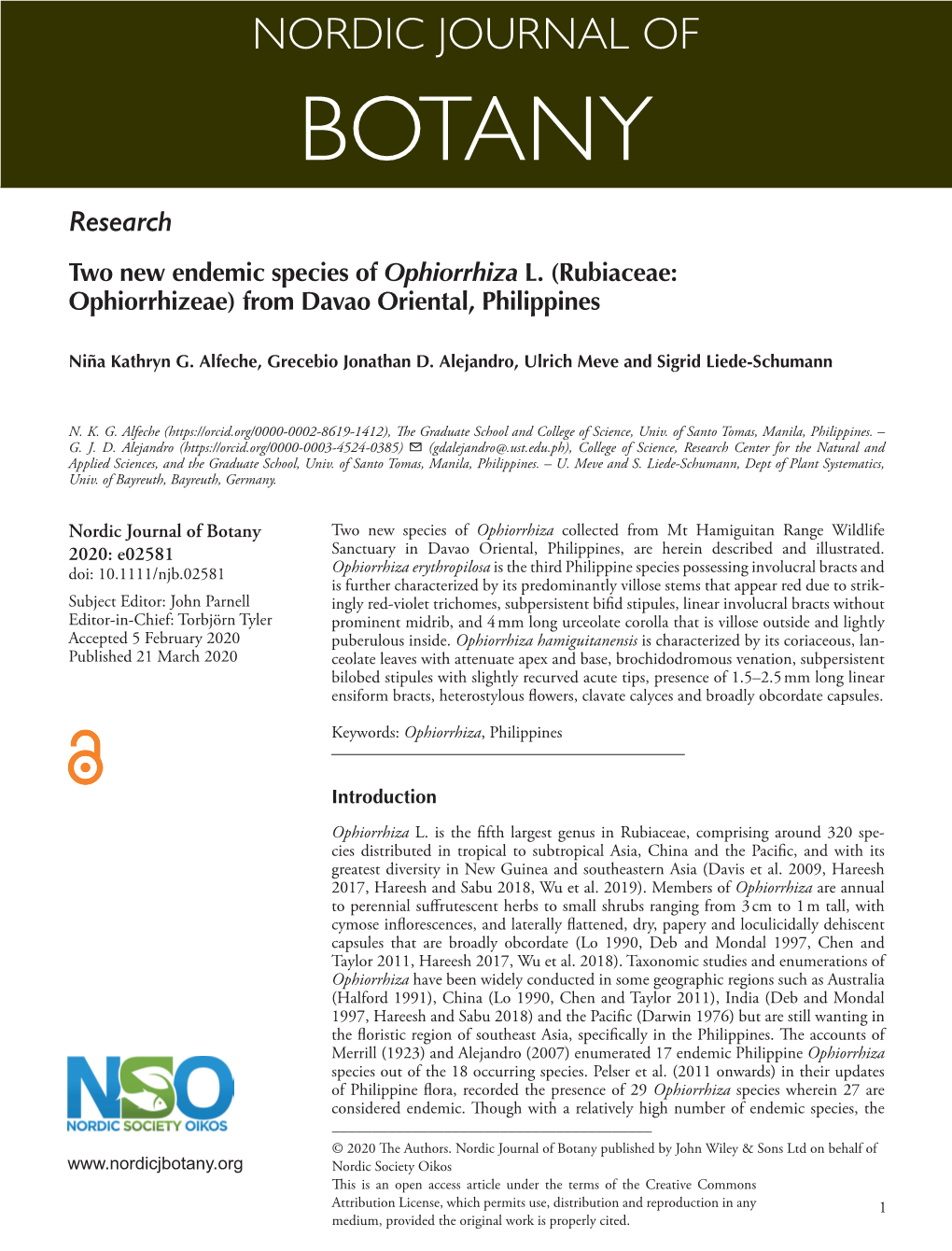 Two New Endemic Species of Ophiorrhiza L. (Rubiaceae: Ophiorrhizeae) from Davao Oriental, Philippines