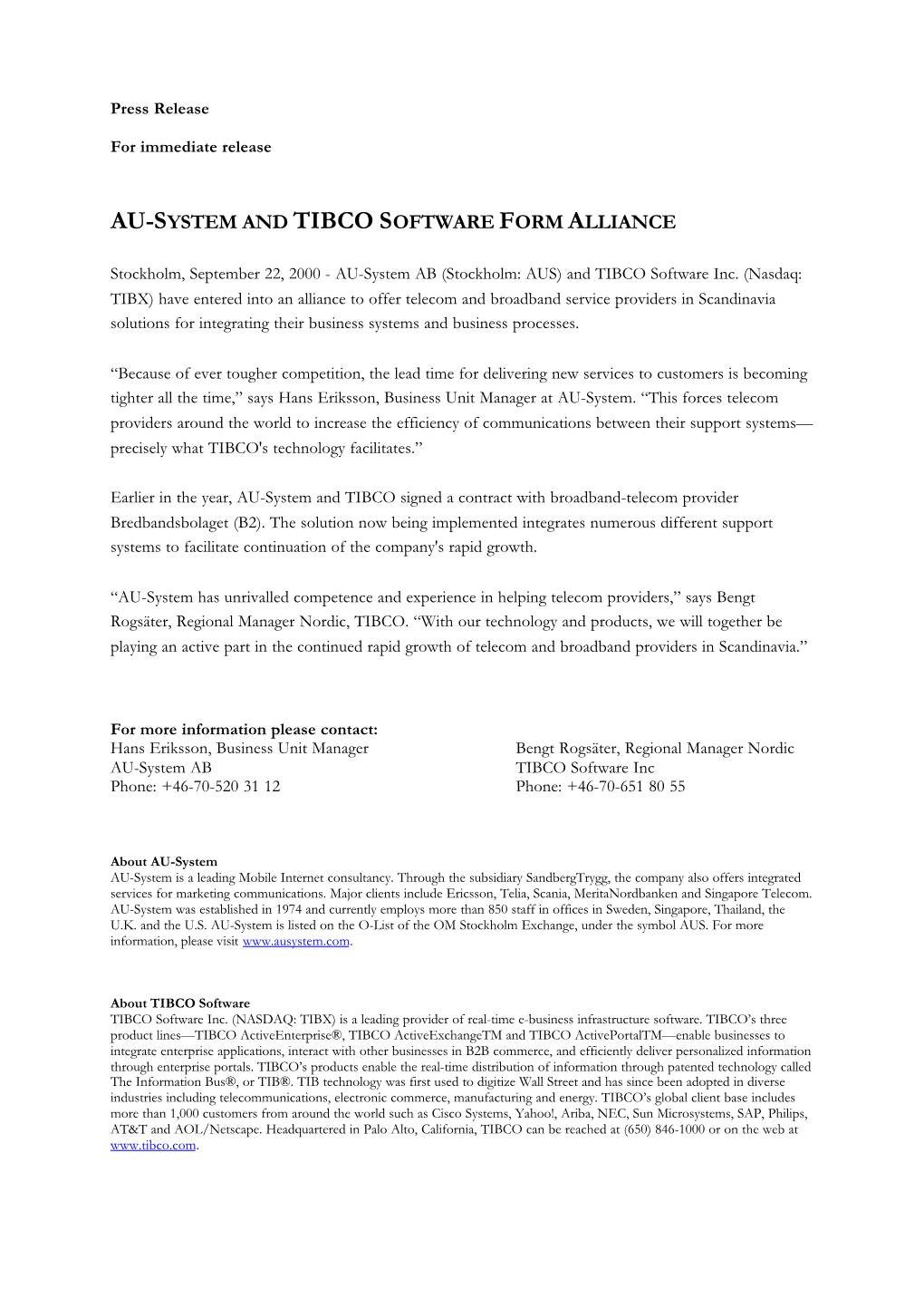 Au-System and Tibco Software Form Alliance