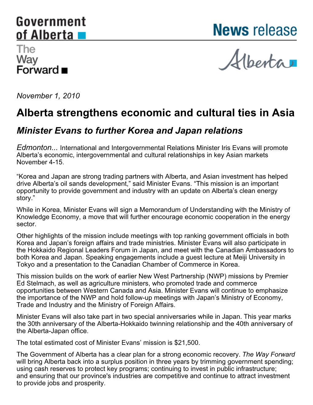 Alberta Strengthens Economic and Cultural Ties in Asia Minister Evans to Further Korea and Japan Relations