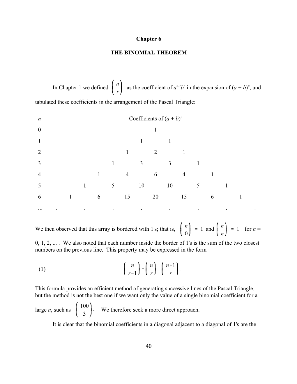 40 Chapter 6 the BINOMIAL THEOREM in Chapter 1 We Defined