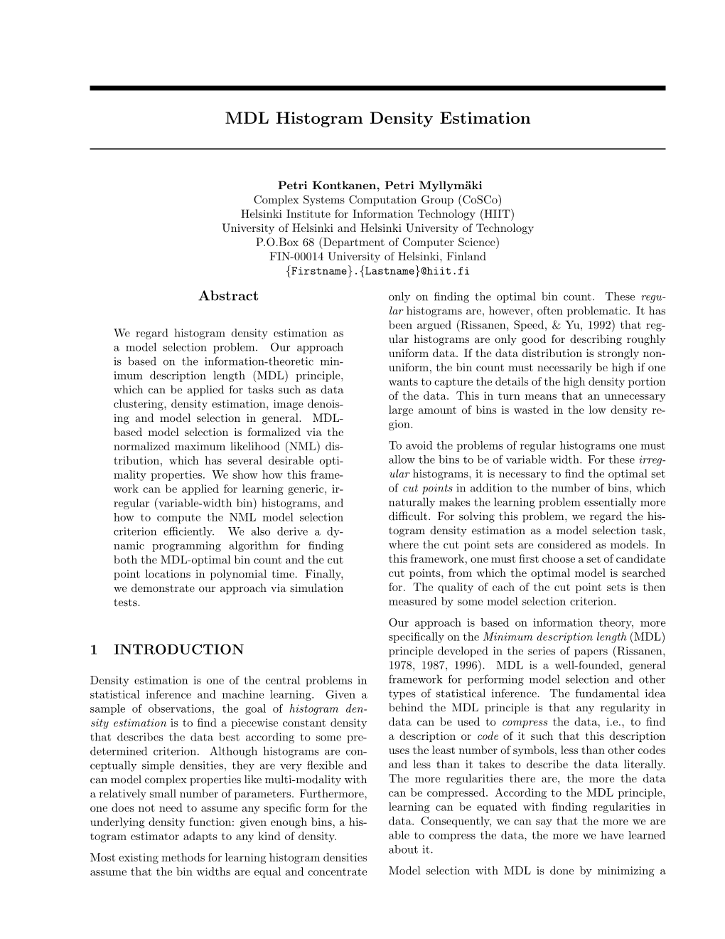 MDL Histogram Density Estimation