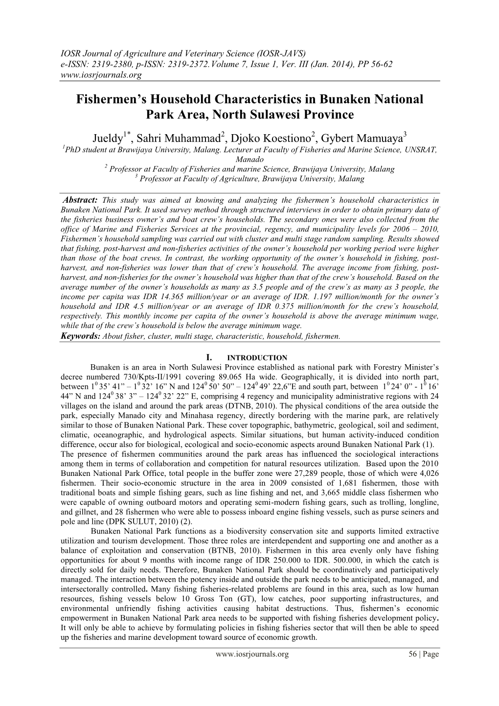 Fishermen's Household Characteristics in Bunaken National Park Area, North Sulawesi Province