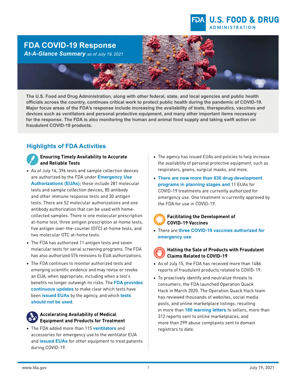 FDA Covid-19 Response at a Glance Summary As of July 19, 2021