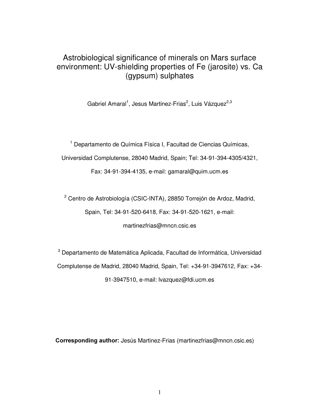 UV-Shielding Properties of Fe (Jarosite) Vs. Ca (Gypsum) Sulphates