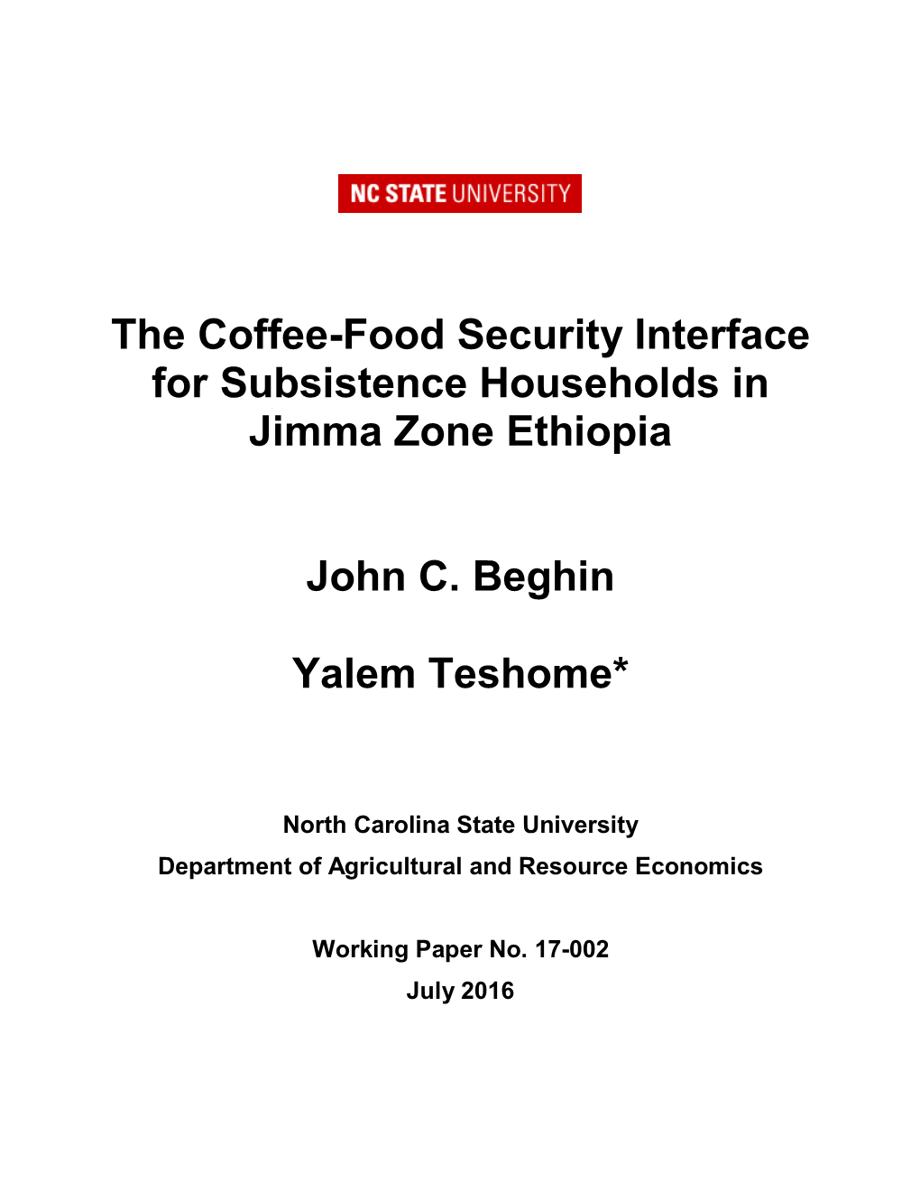 The Coffee-Food Security Interface for Subsistence Households in Jimma Zone Ethiopia