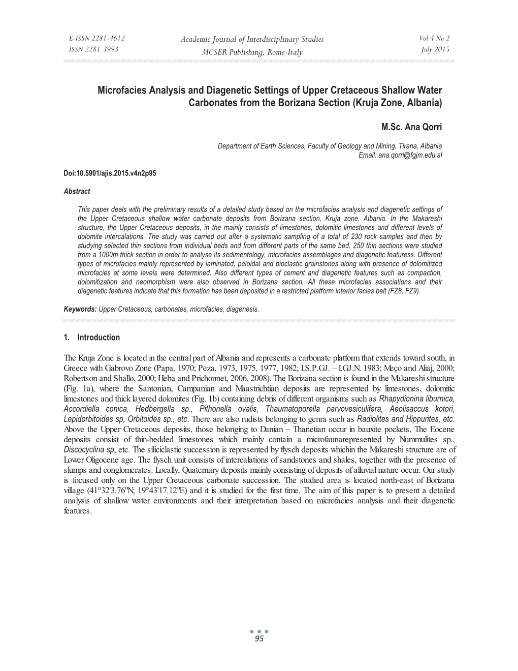 Microfacies Analysis and Diagenetic Settings of Upper Cretaceous Shallow Water Carbonates from the Borizana Section (Kruja Zone, Albania)