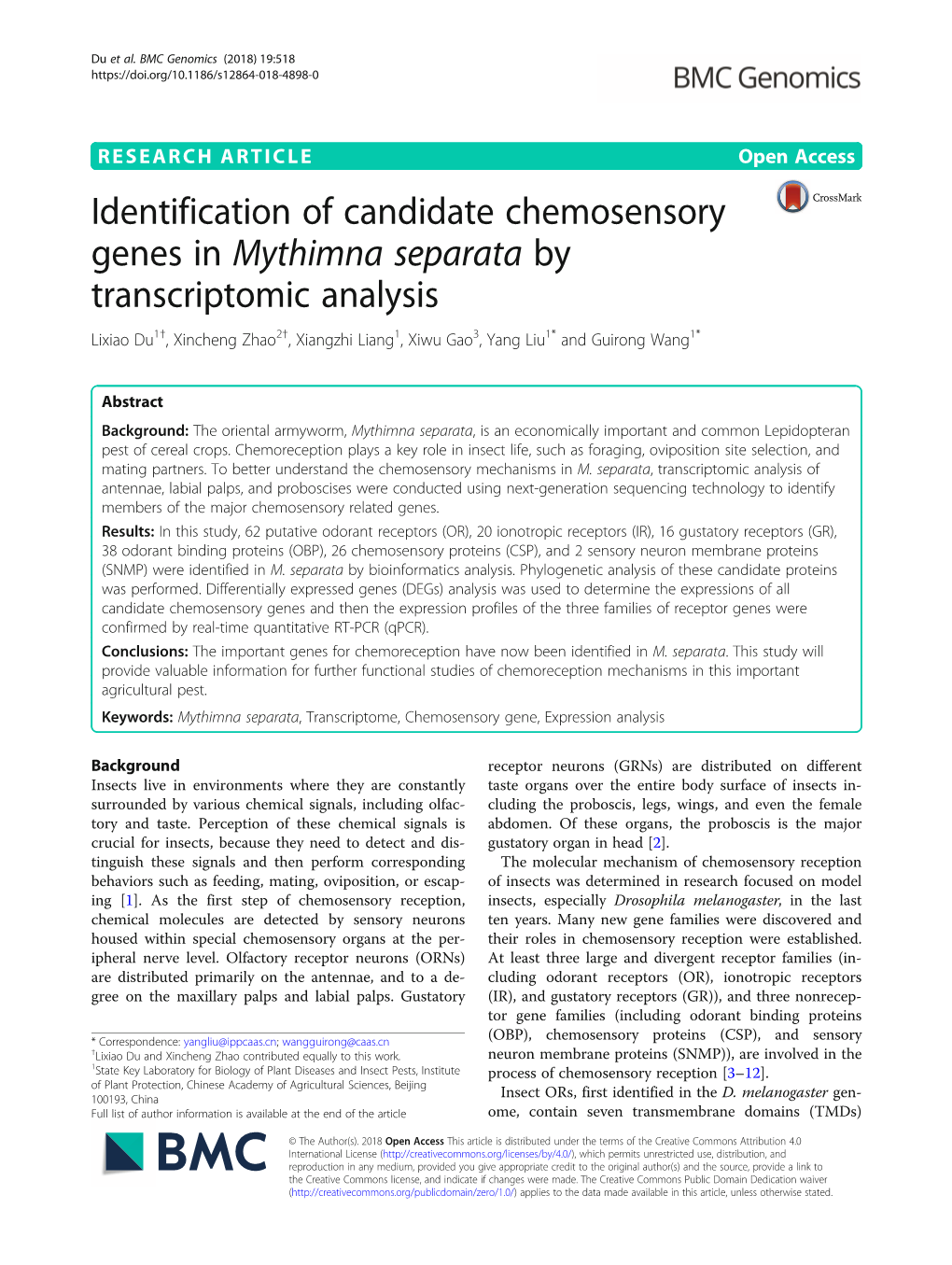 Identification of Candidate Chemosensory Genes in Mythimna Separata by Transcriptomic Analysis