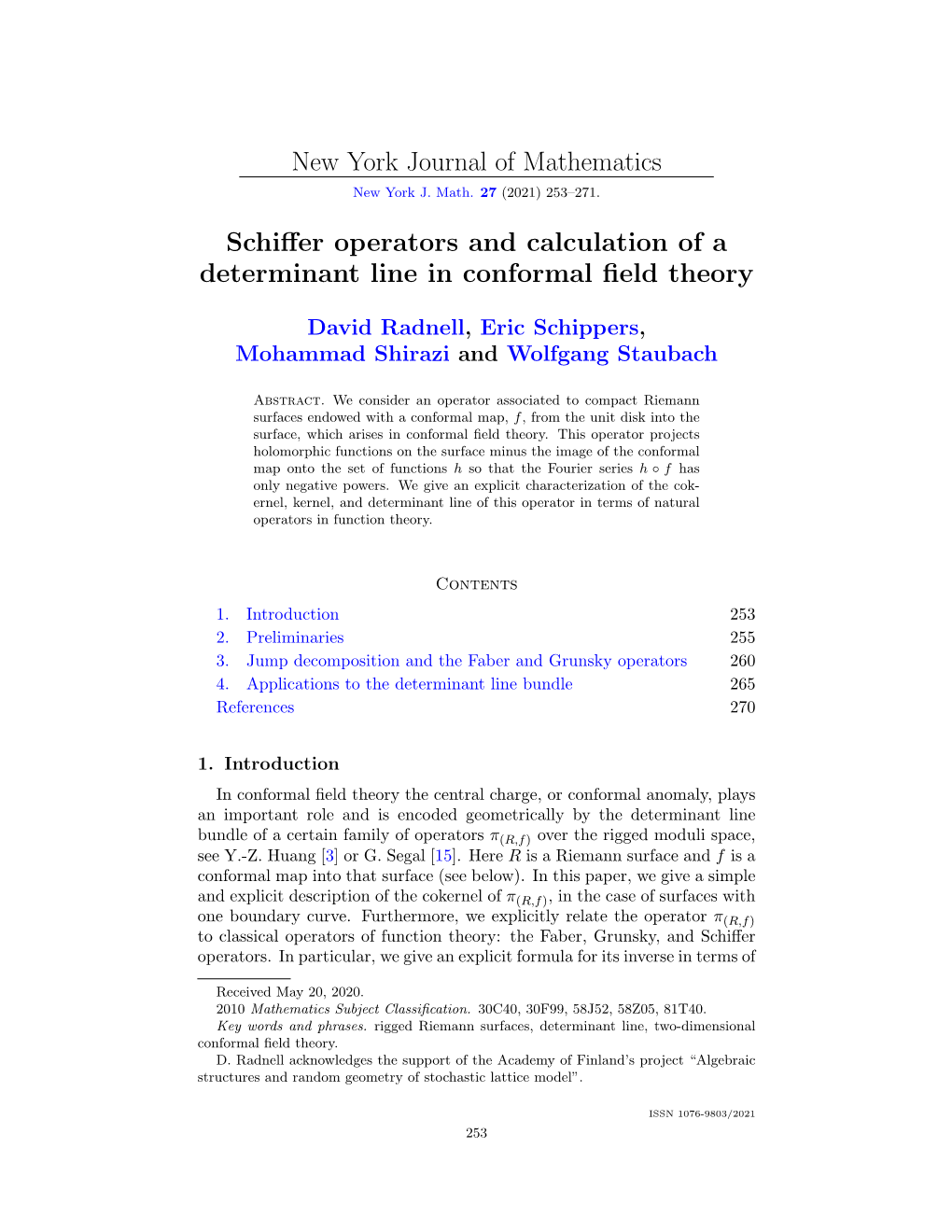 Schiffer Operators and Calculation of a Determinant Line in Conformal Field