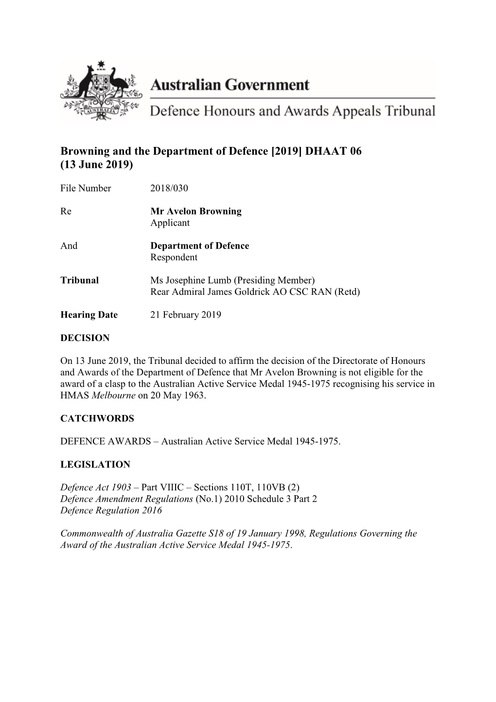 Browning and the Department of Defence [2019] DHAAT 06 (13 June 2019)