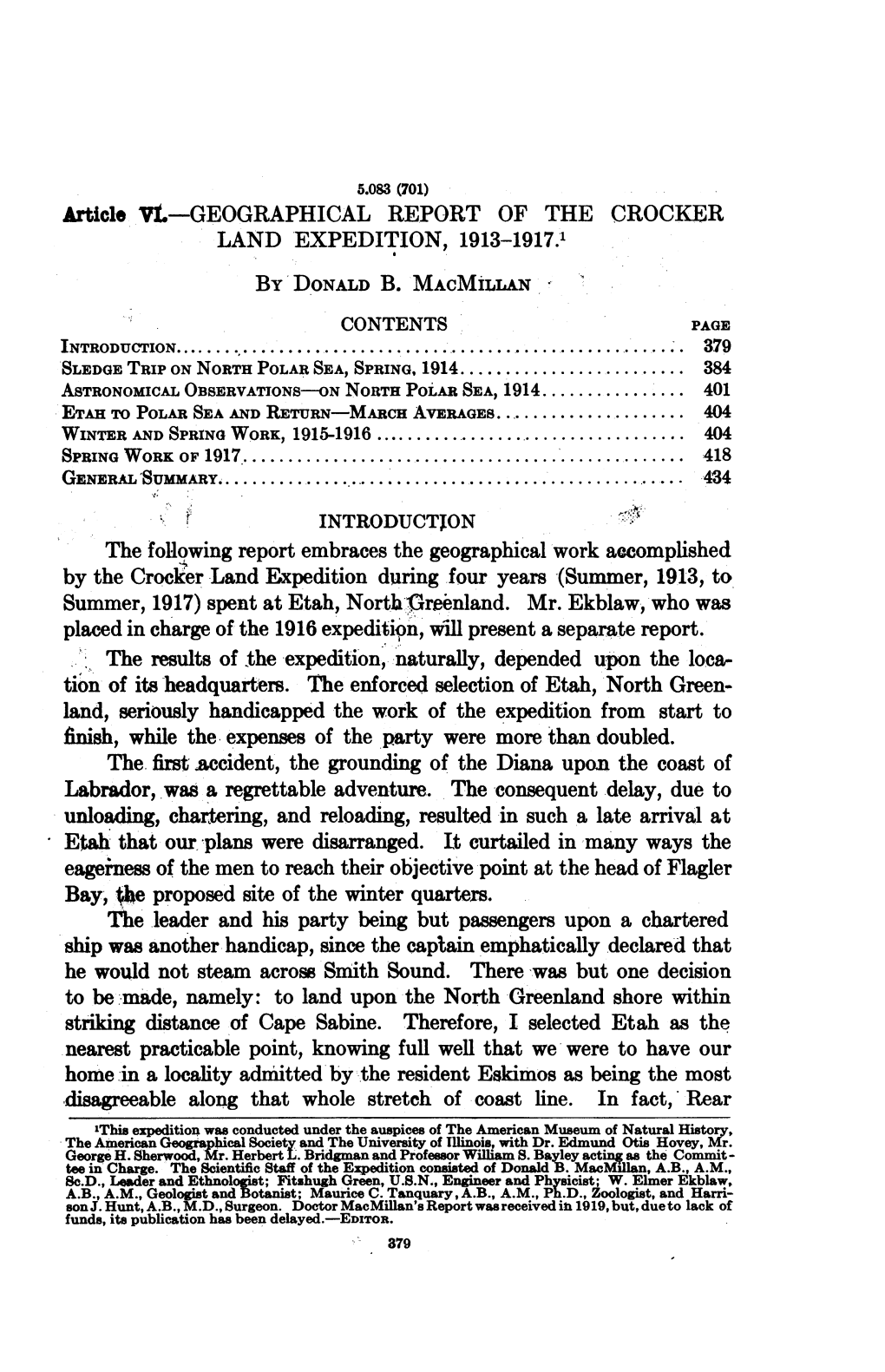 Geographical Report of the Crocker Land Expedition, 1913-1917