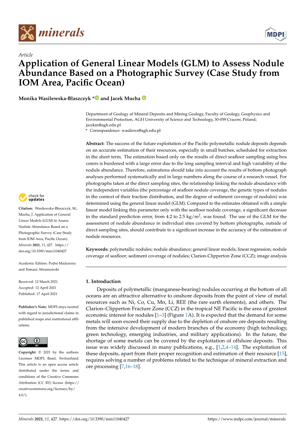 Application of General Linear Models (GLM) to Assess Nodule Abundance Based on a Photographic Survey (Case Study from IOM Area, Paciﬁc Ocean)