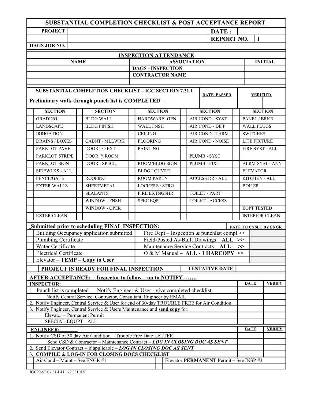 Substantial Completion Checklist for Final Inspection