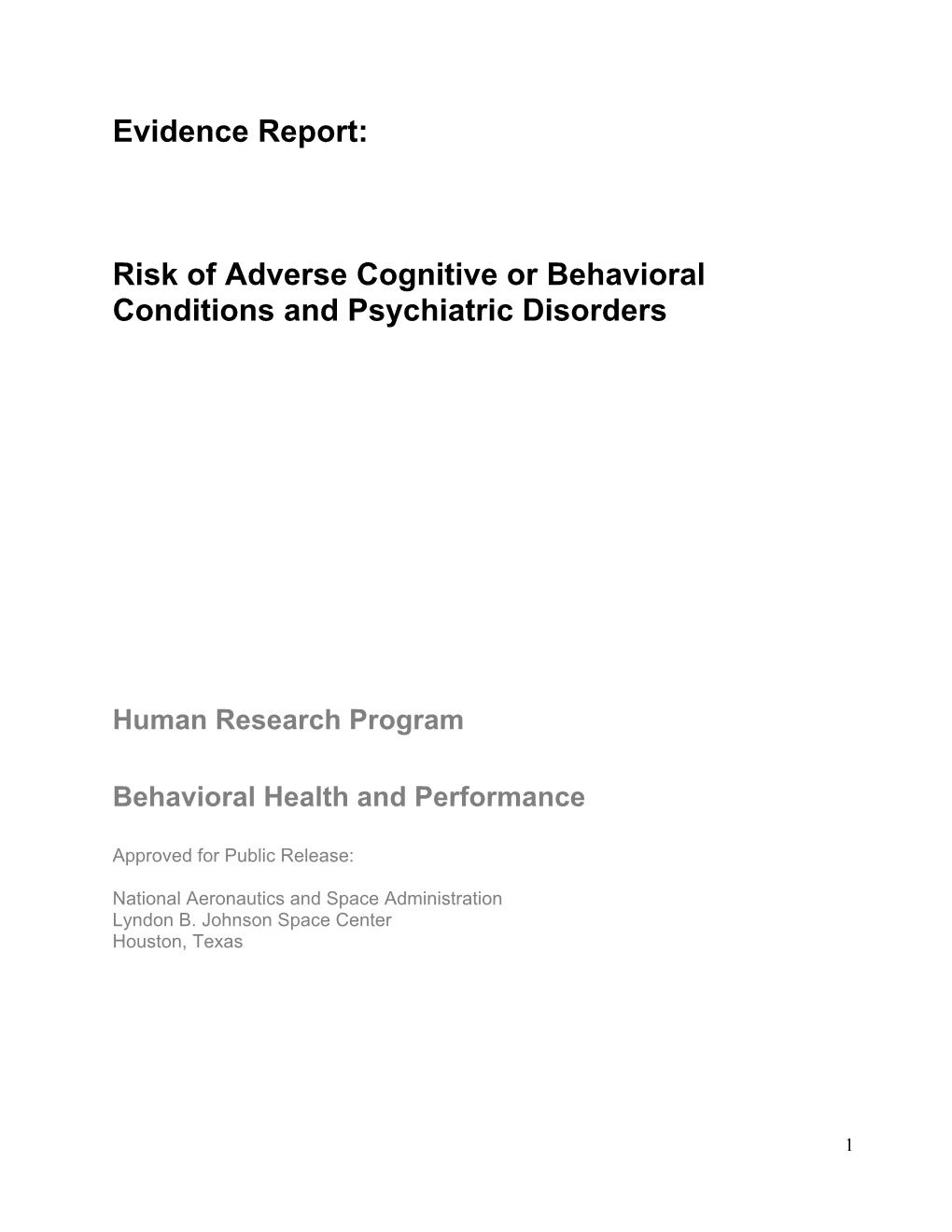 Behavioral Health and Performance Element: Evidence Report