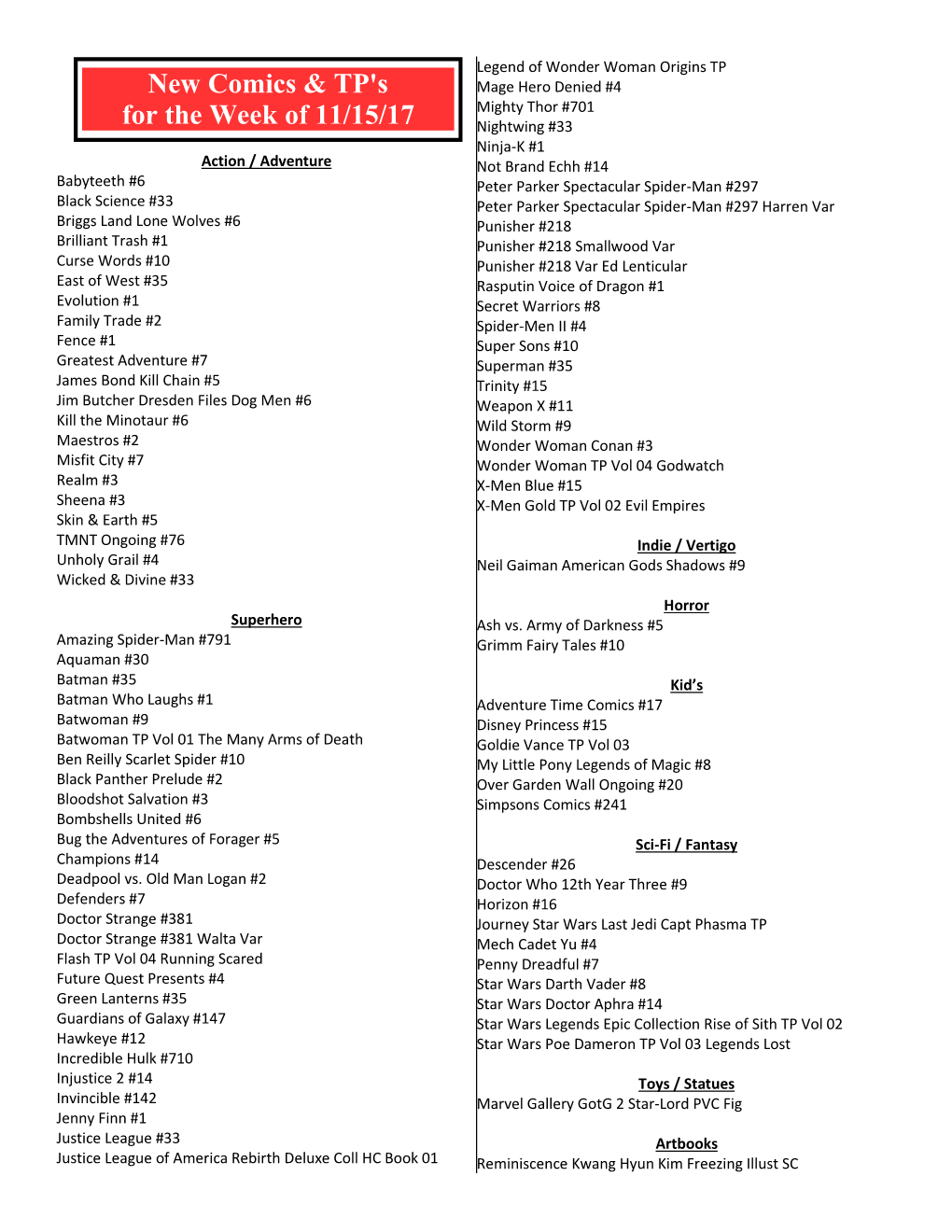 New Comics & TP's for the Week of 11/15/17