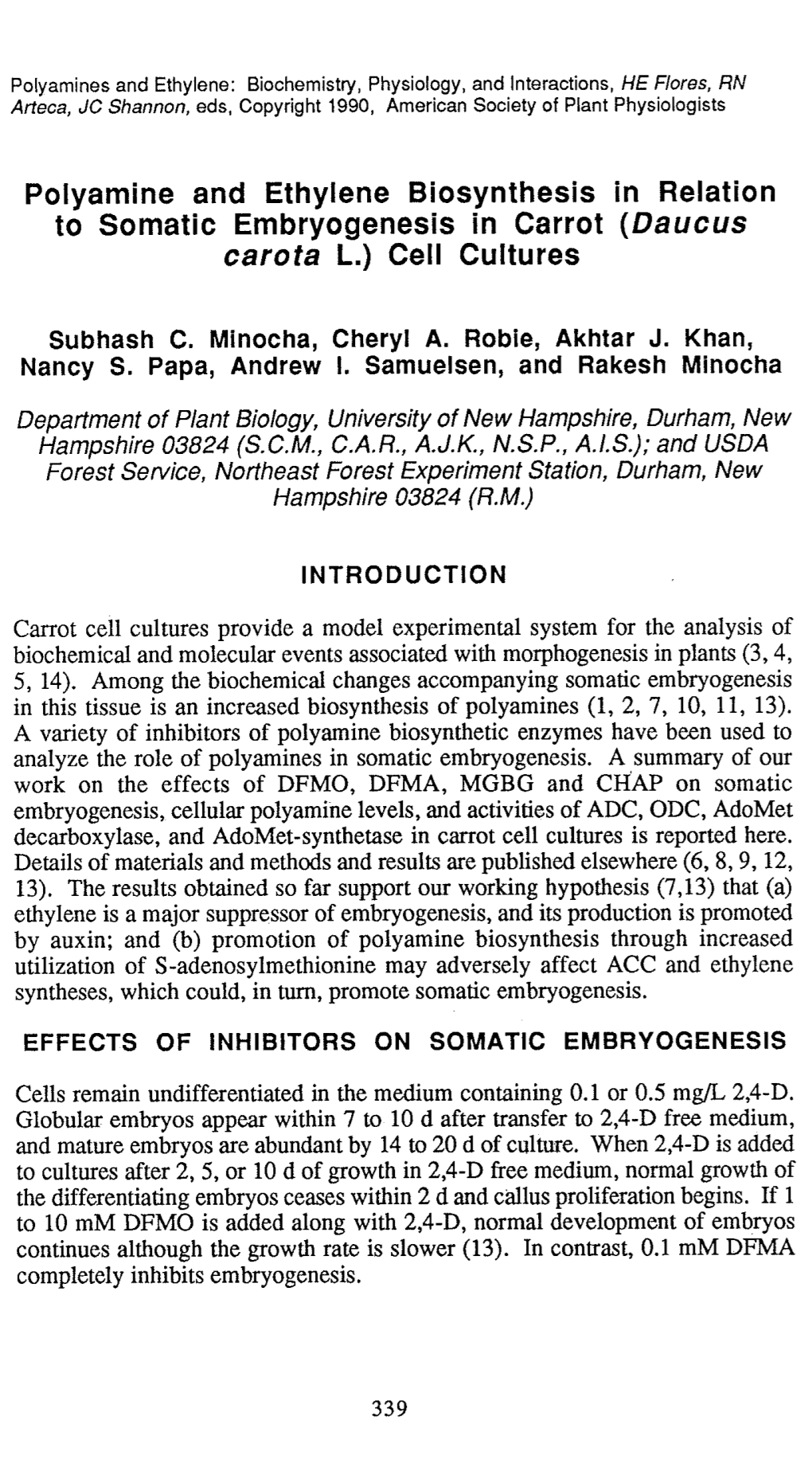 Polyamine and Ethylene Biosynthesis in Relation to Somatic Embryogenesis in Carrot (Daucus Carota L.) Cell Cultures