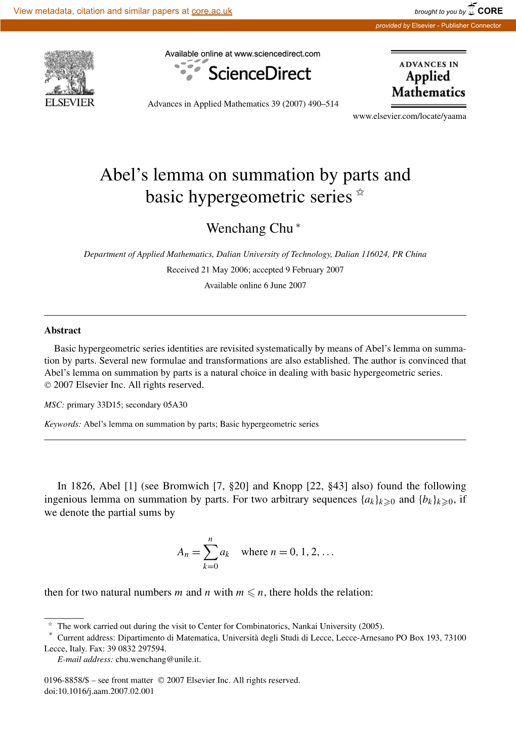 Abel's Lemma on Summation by Parts and Basic Hypergeometric Series