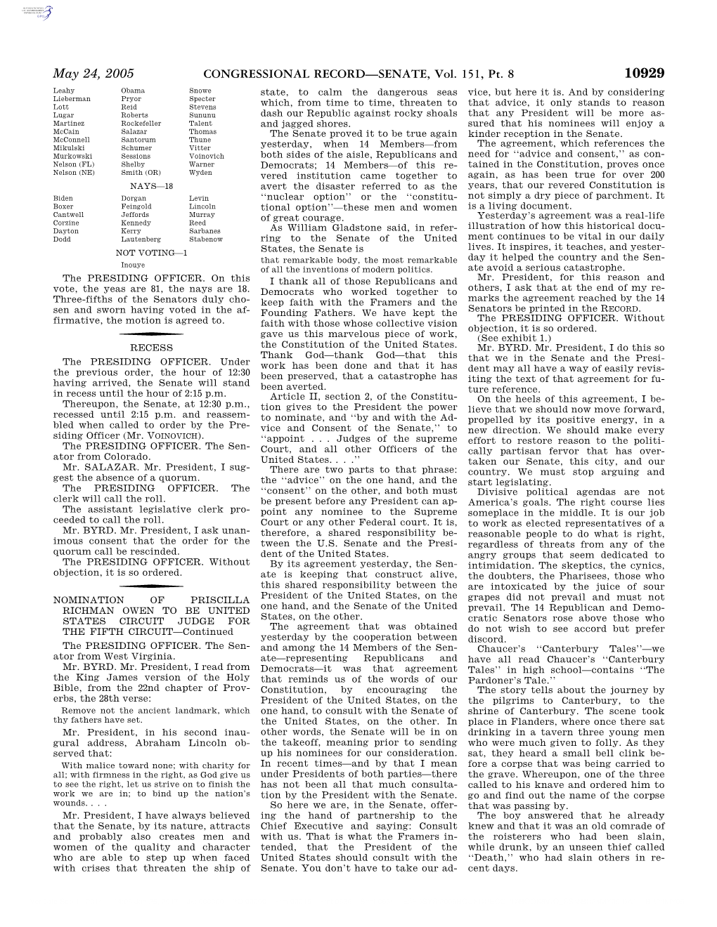 CONGRESSIONAL RECORD—SENATE, Vol. 151, Pt. 8 May 24, 2005 and So out Into the Road the Three the Two Older Villains Did As They Had Mr