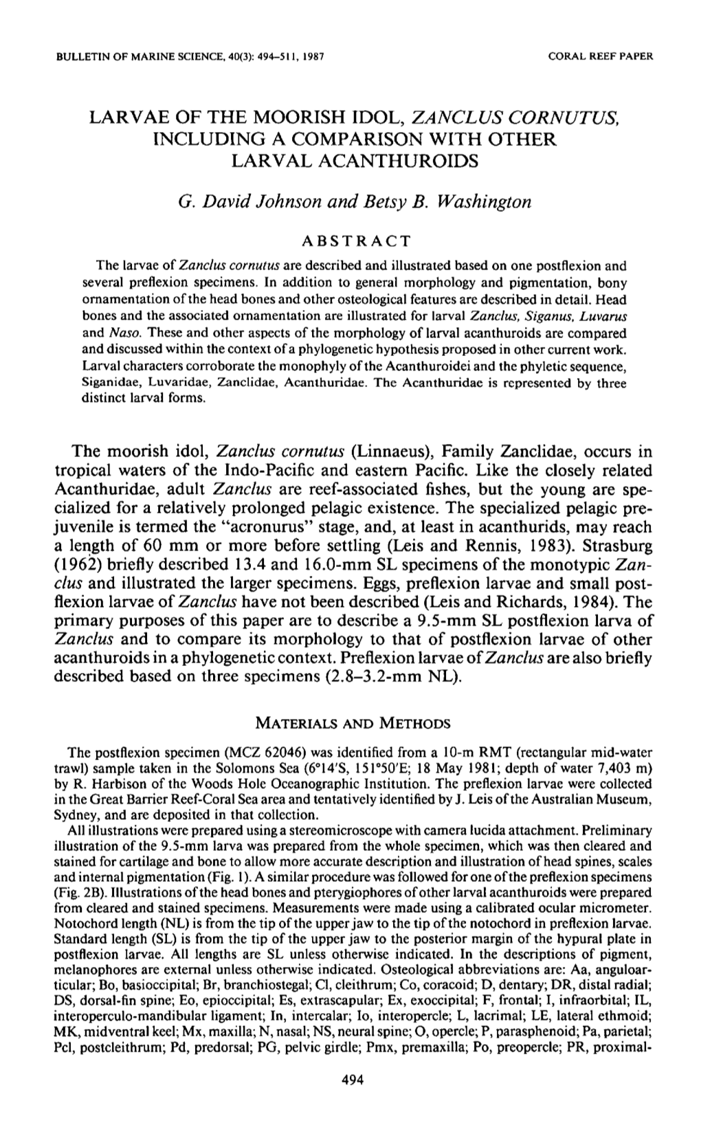 Larvae of the Moorish Idol, Zanclus Cornutus, Including a Comparison with Other Larval Acanthuroids