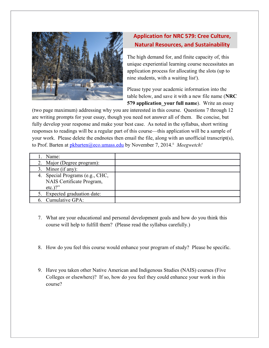 Application for NRC 579: Cree Culture, Natural Resources, and Sustainability