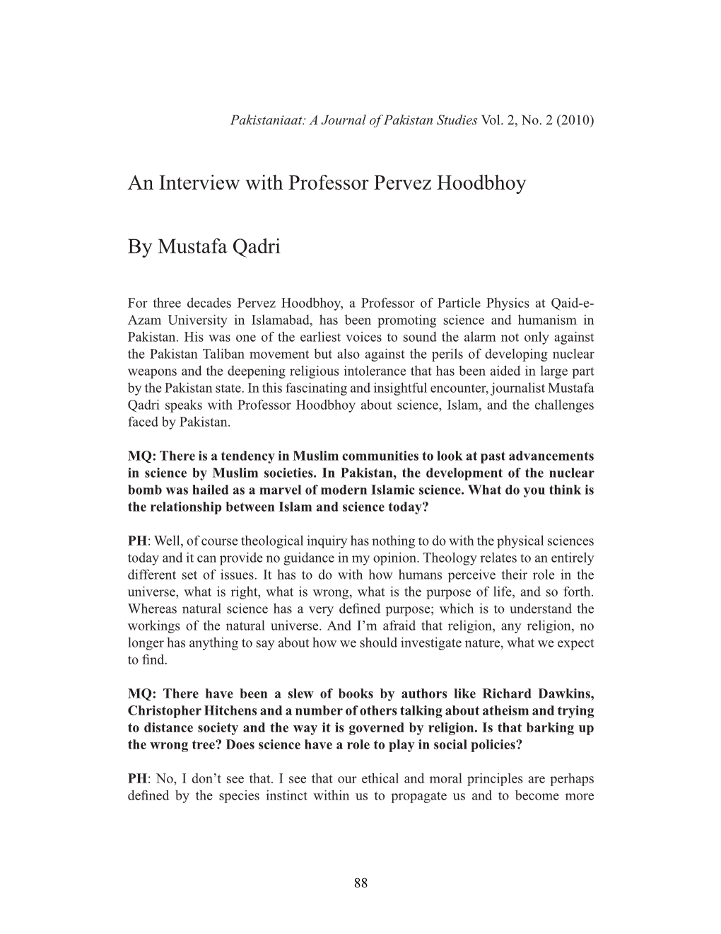 An Interview with Professor Pervez Hoodbhoy by Mustafa Qadri