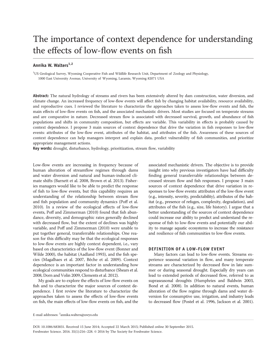 The Importance of Context Dependence for Understanding the Eﬀects of Low-ﬂow Events on ﬁsh