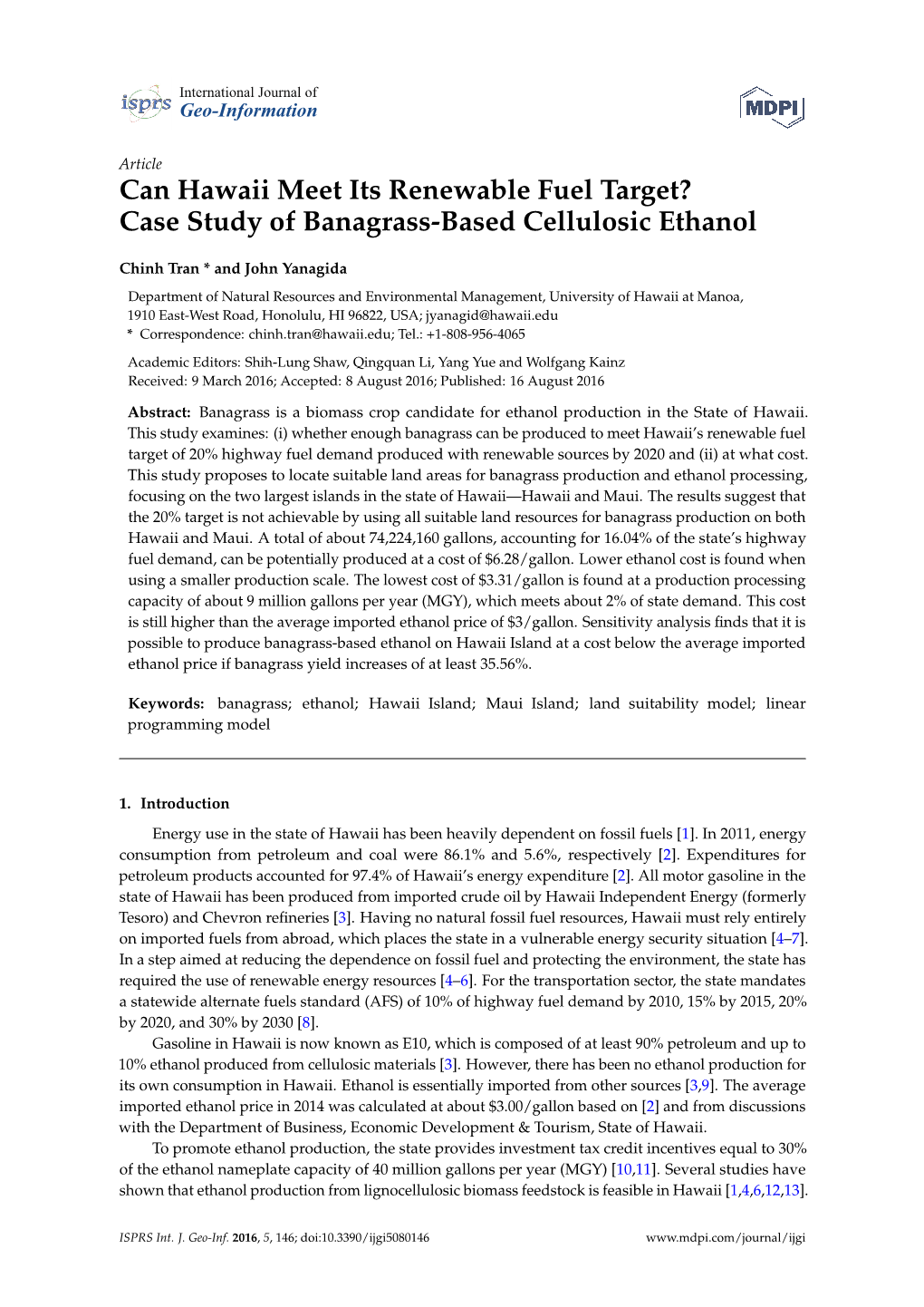 Can Hawaii Meet Its Renewable Fuel Target? Case Study of Banagrass-Based Cellulosic Ethanol