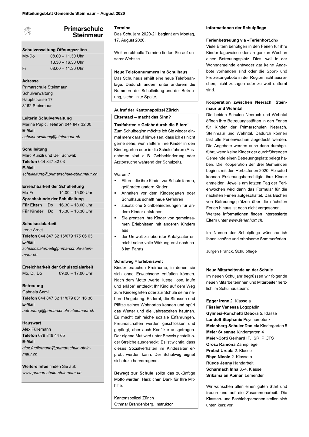 Mitteilungsblatt Gemeinde Steinmaur – August 2020
