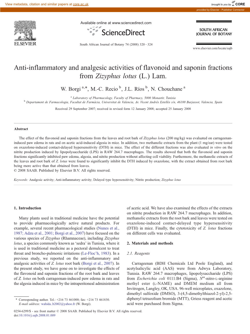 Anti-Inflammatory and Analgesic Activities of Flavonoid and Saponin Fractions from Zizyphus Lotus (L.) Lam