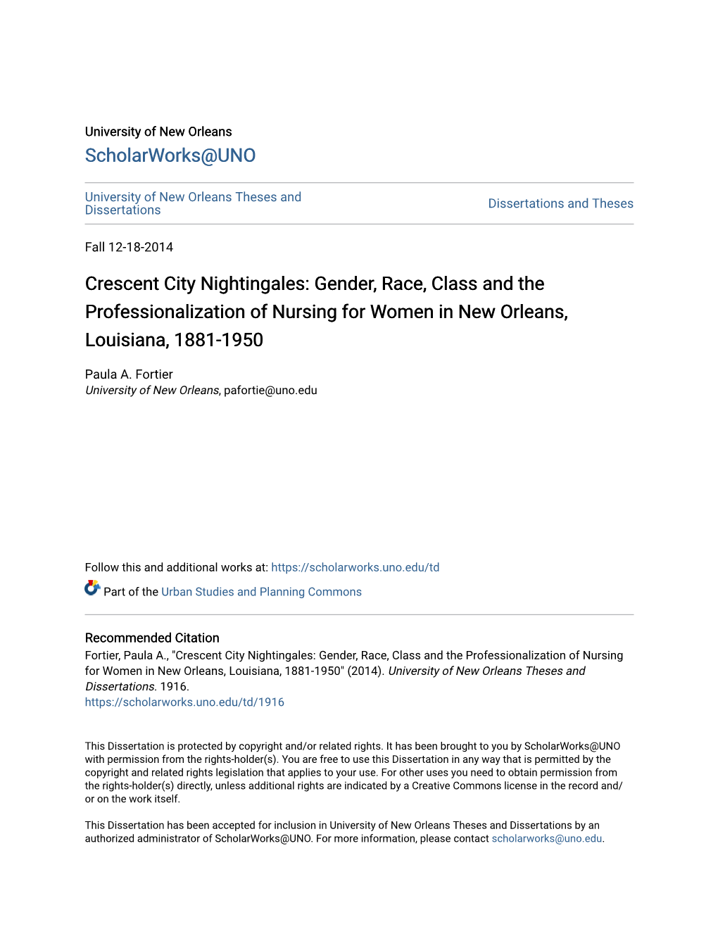 Gender, Race, Class and the Professionalization of Nursing for Women in New Orleans, Louisiana, 1881-1950