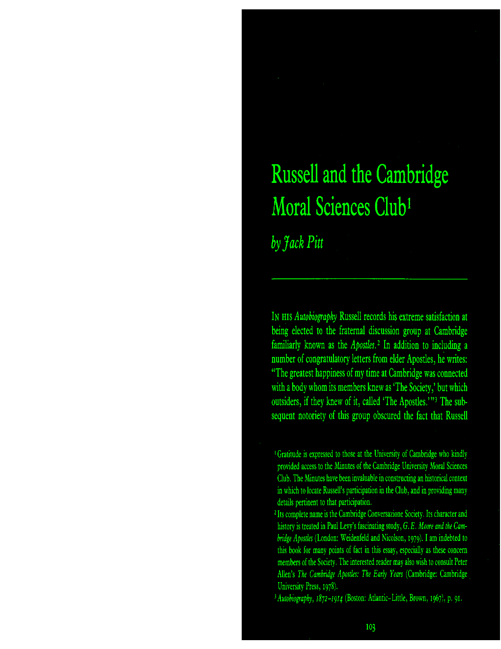 Russell and the Cambridge Moral Sciences Club L by Jack Pitt