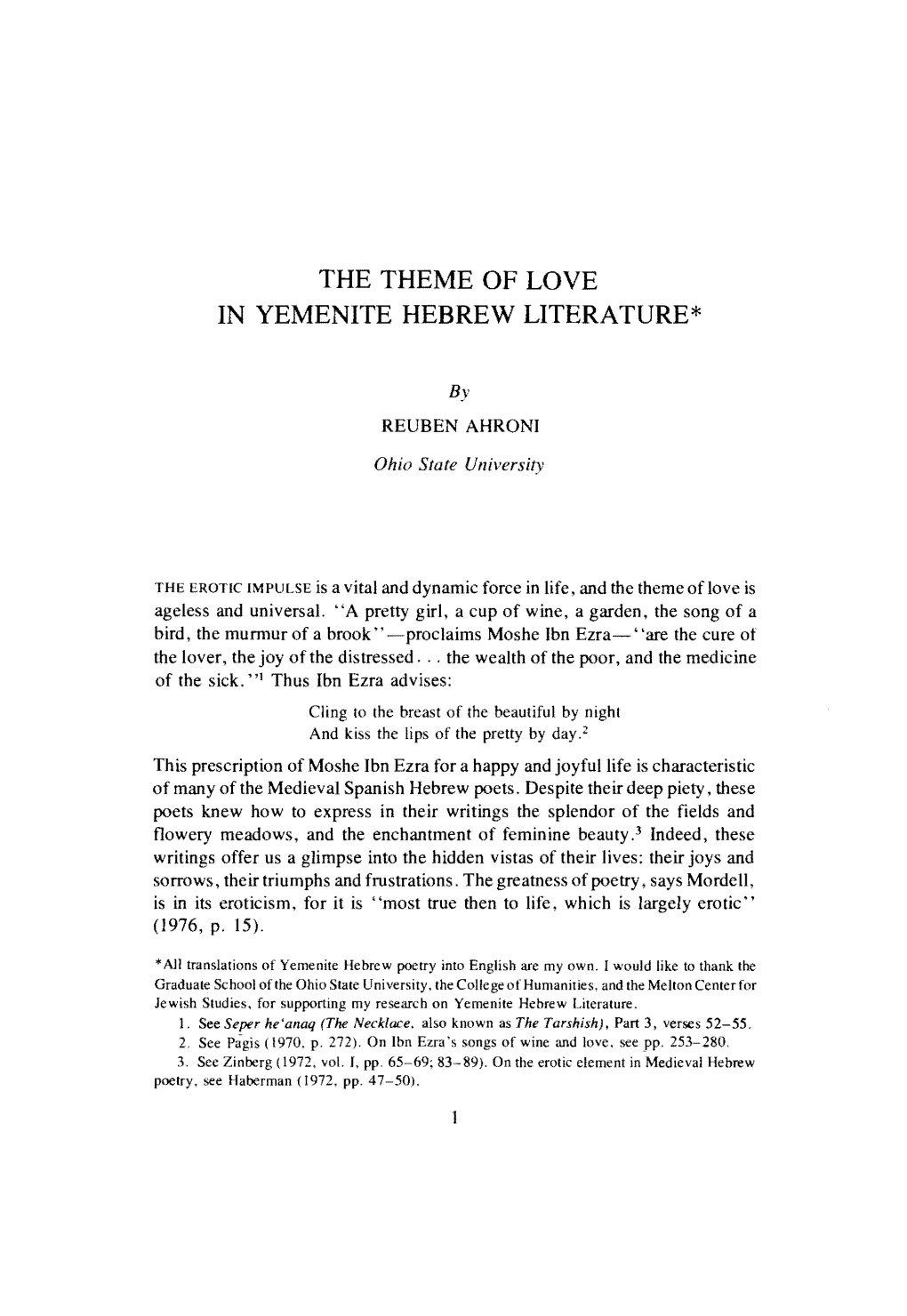 The Theme of Love in Yemenite Hebrew Literature*