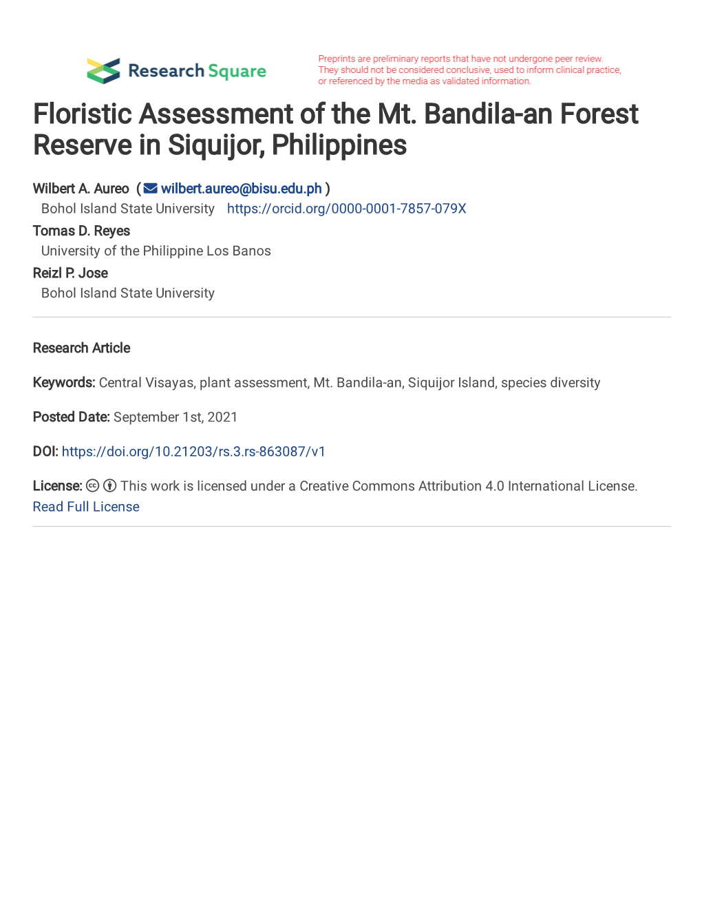 Floristic Assessment of the Mt. Bandila-An Forest Reserve in Siquijor, Philippines