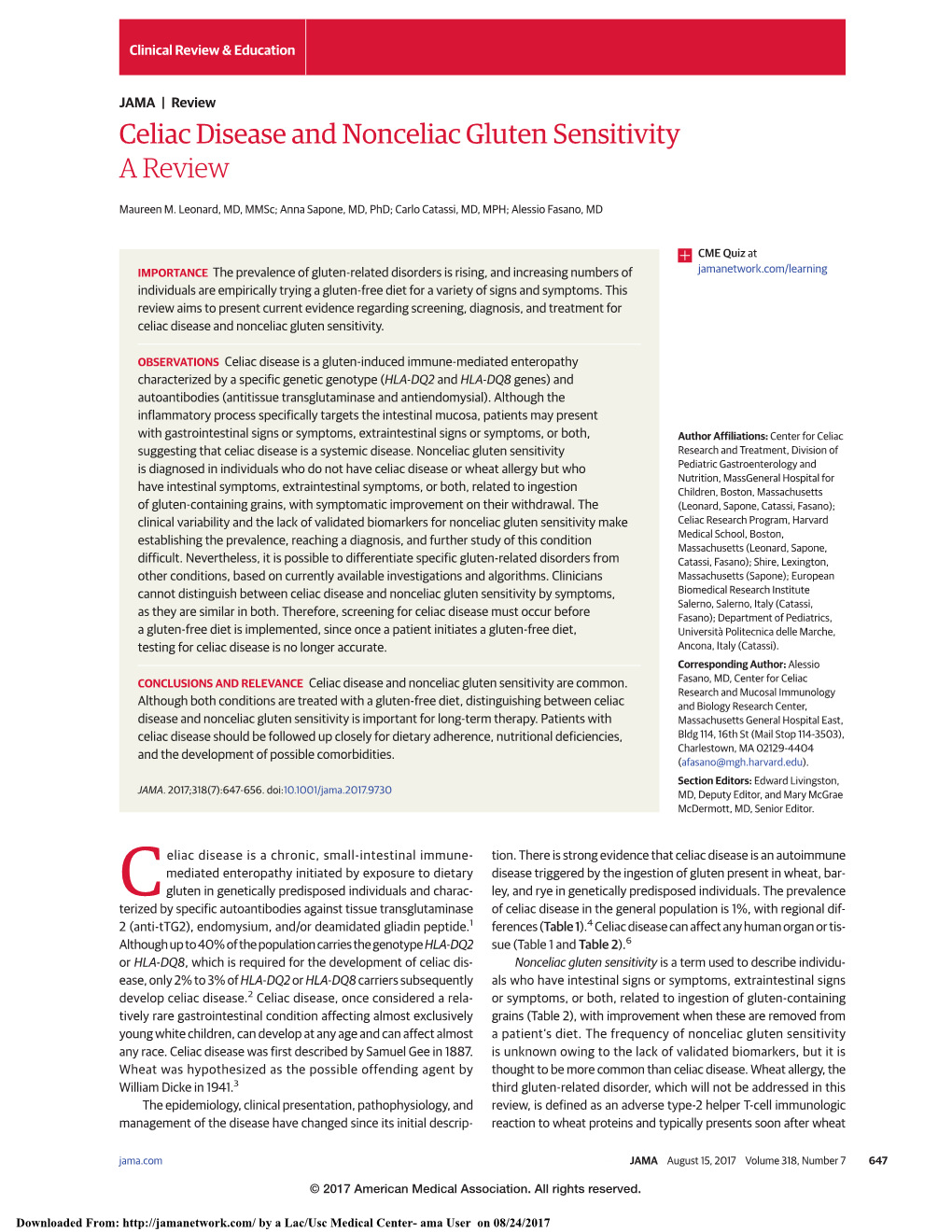 Celiac Disease and Nonceliac Gluten Sensitivitya Review