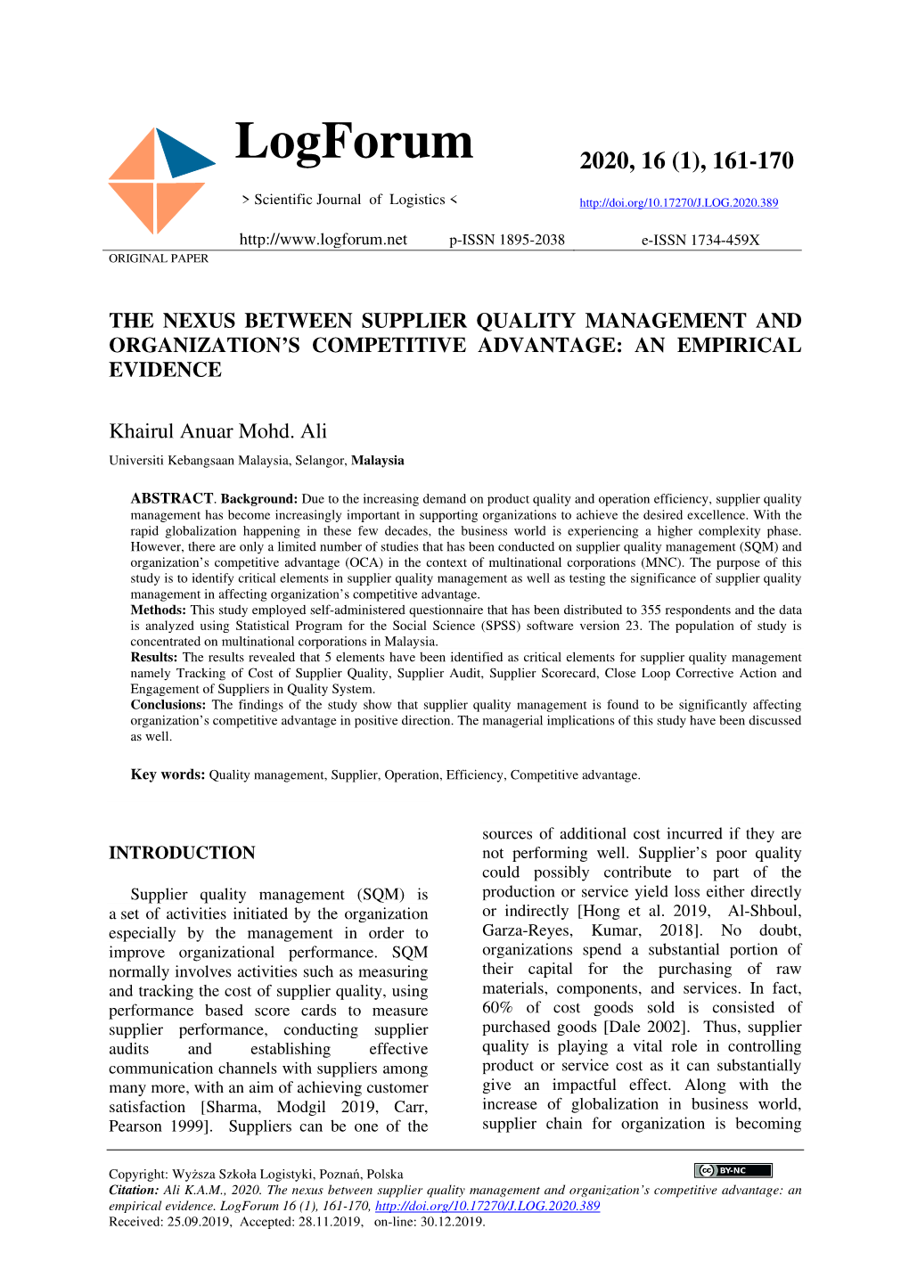 The Nexus Between Supplier Quality Management and Organization’S Competitive Advantage: an Empirical Evidence